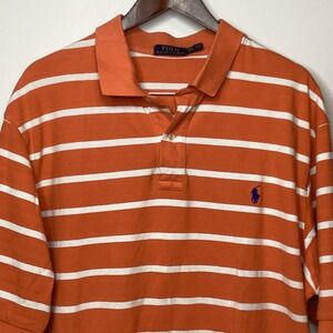 Polo‎ Ralph Lauren Mens Polo Shirt Orange White Striped Short Sleeve Casual Top